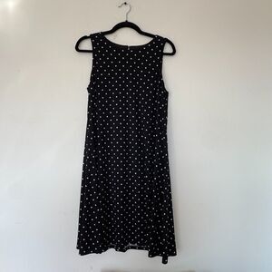Anne Klein Polka Dot Dress Womens Size 10 Black White Sleeveless A-Line Midi